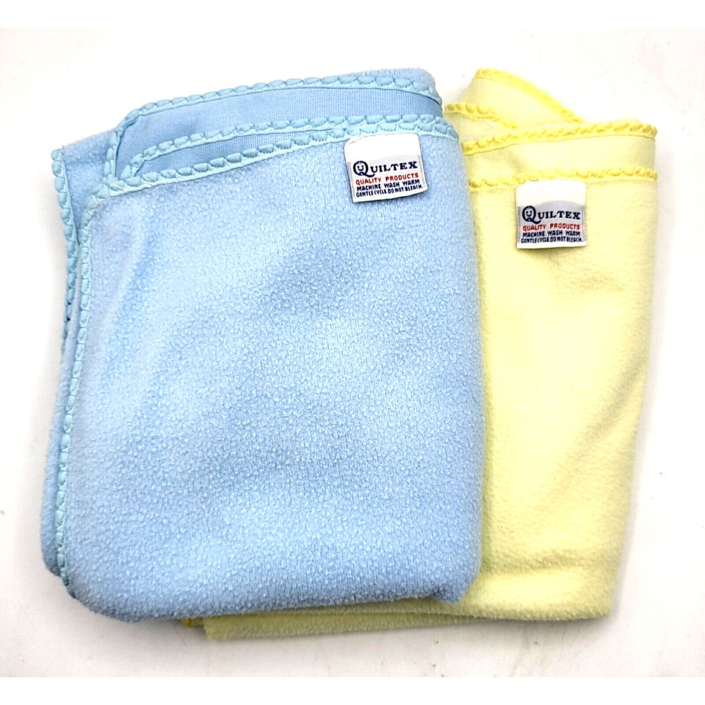 Vtg 80s Yellow or Blue Fleece Baby Receiving Blanket Set of Two 34x30" YK